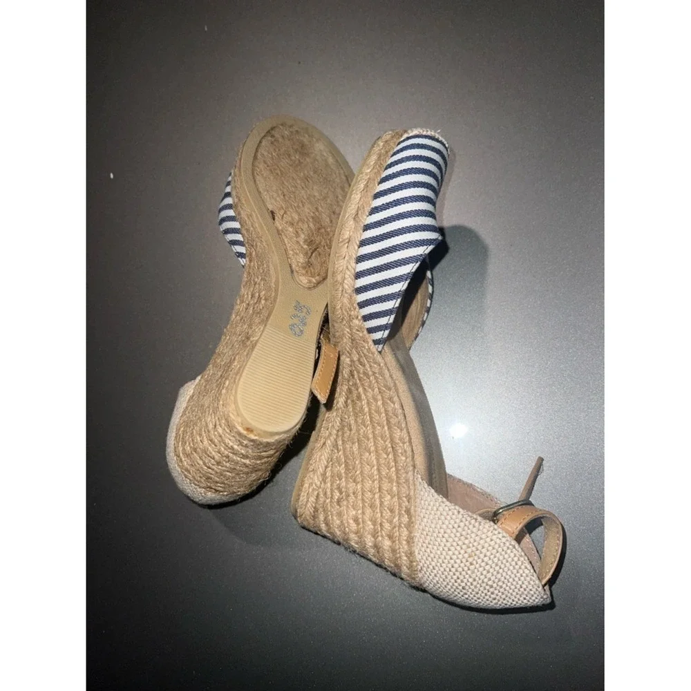 White Mountain Womens Blue White Striped Espadrille Wedge Sandals Ankle Strap